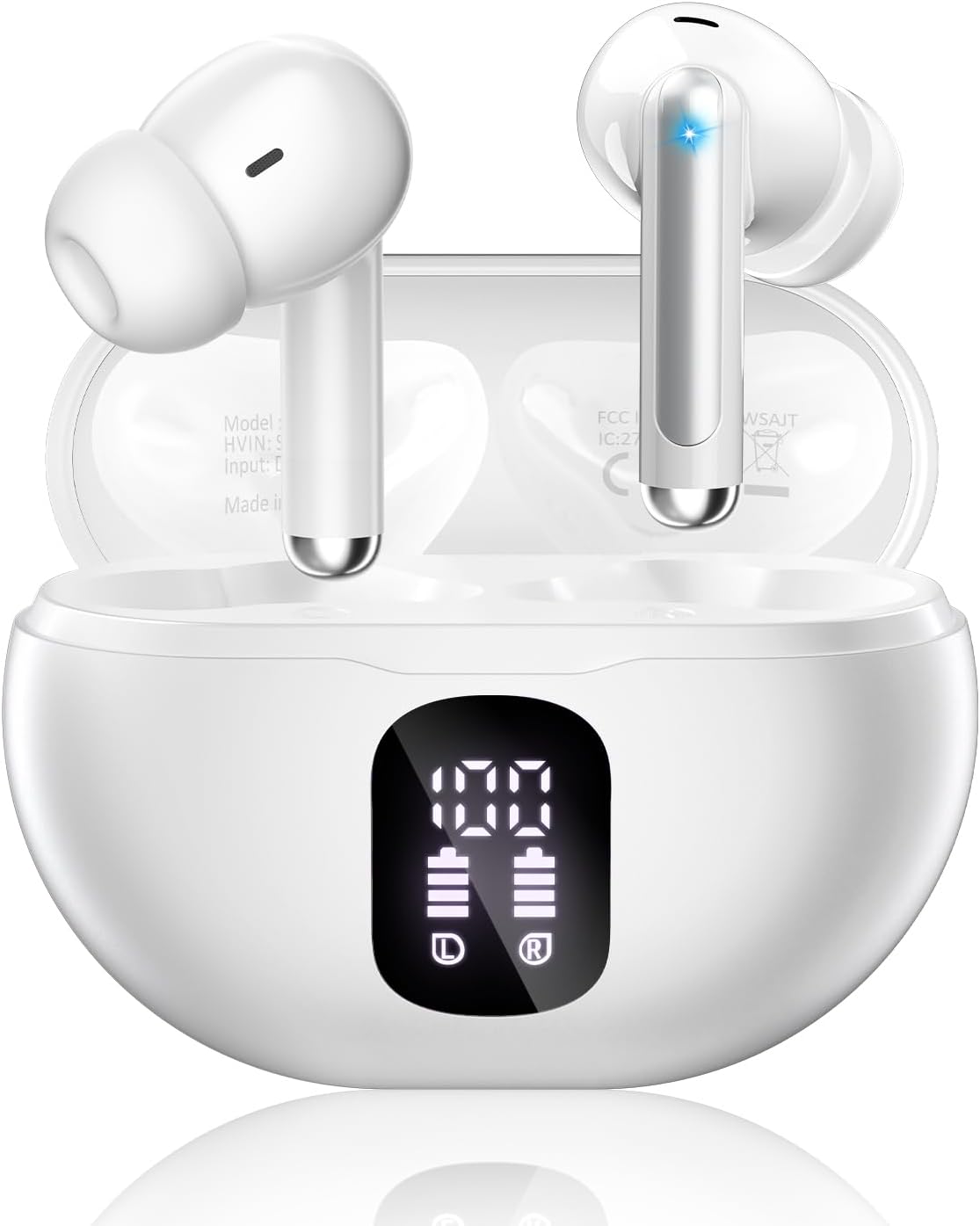 Wireless Earbuds, Bluetooth 5.4 Headphones with 50H Playback, Deep Bass Stereo Ear Buds Clear Calls with LED Power Display, IPX7 Waterproof, in-Ear Earphones with Mic for Phone/Android/iPad, White