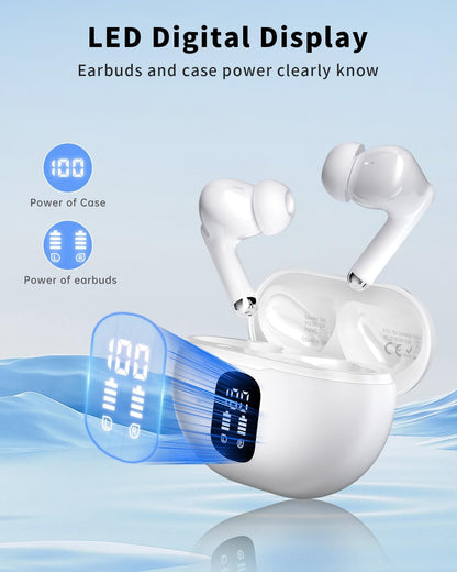 Wireless Earbuds, Bluetooth 5.4 Headphones with 50H Playback, Deep Bass Stereo Ear Buds Clear Calls with LED Power Display, IPX7 Waterproof, in-Ear Earphones with Mic for Phone/Android/iPad, White