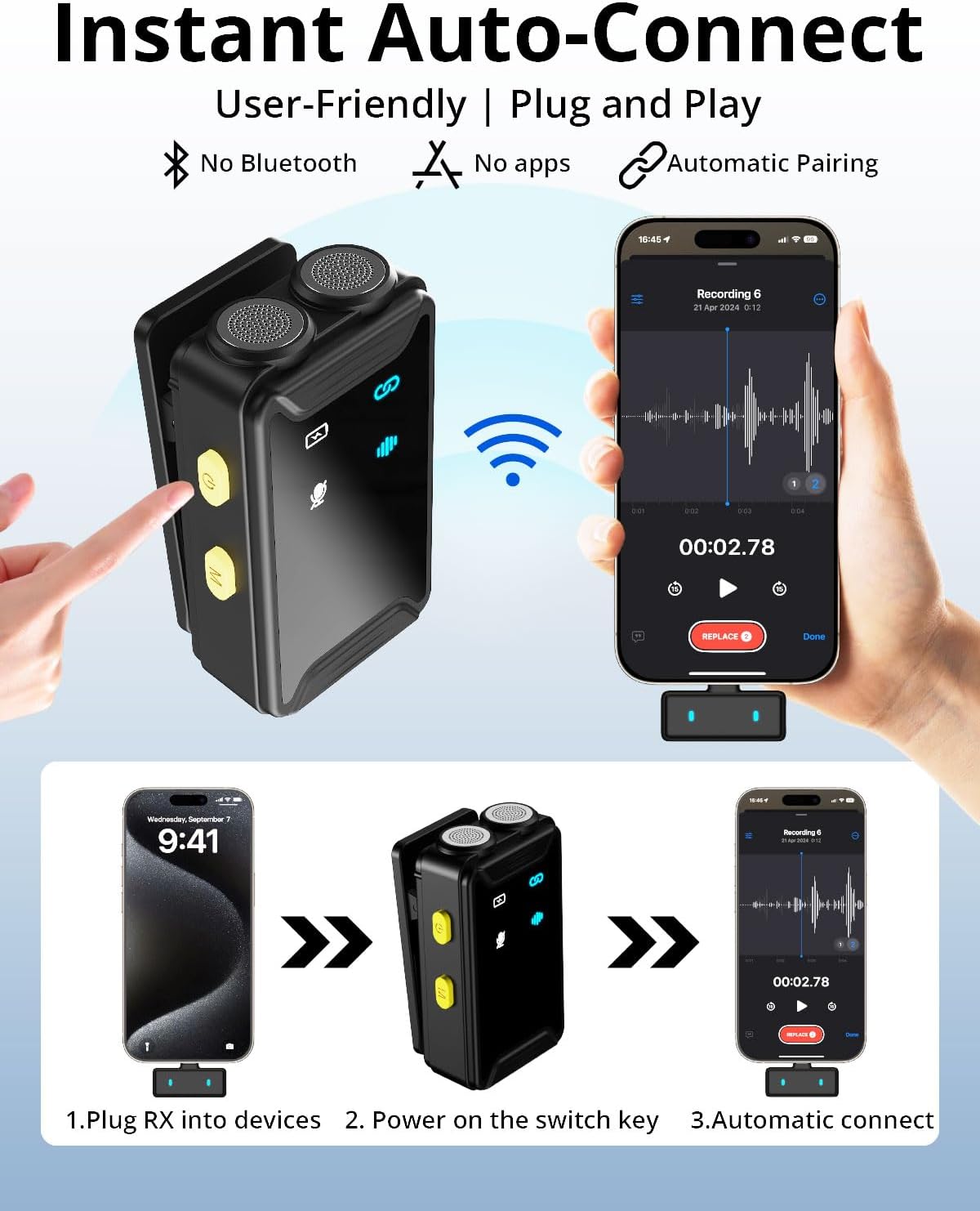 Mini Microphone for iPhone/Android(2TX+2RX+Charging Case)with AI Noise Cancelling, Wireless Lavalier Mic with 48kHz/24-bit High Fidelity,48H,164FT