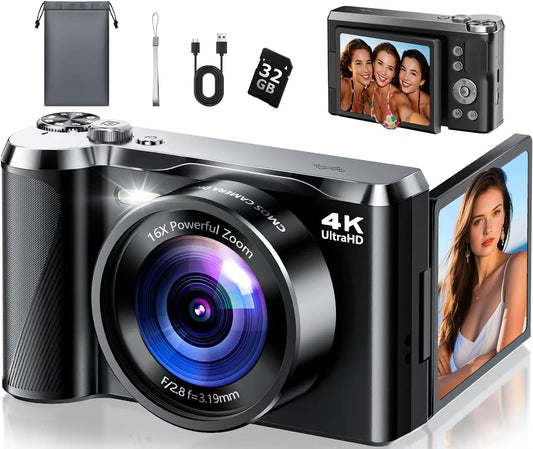 4K Digital Camera for Photography- 56MP Autofocus Vlogging Camera with 3" 180° Flip Screen, 16X Zoom, Flash- Digital Point and Shoot Camera