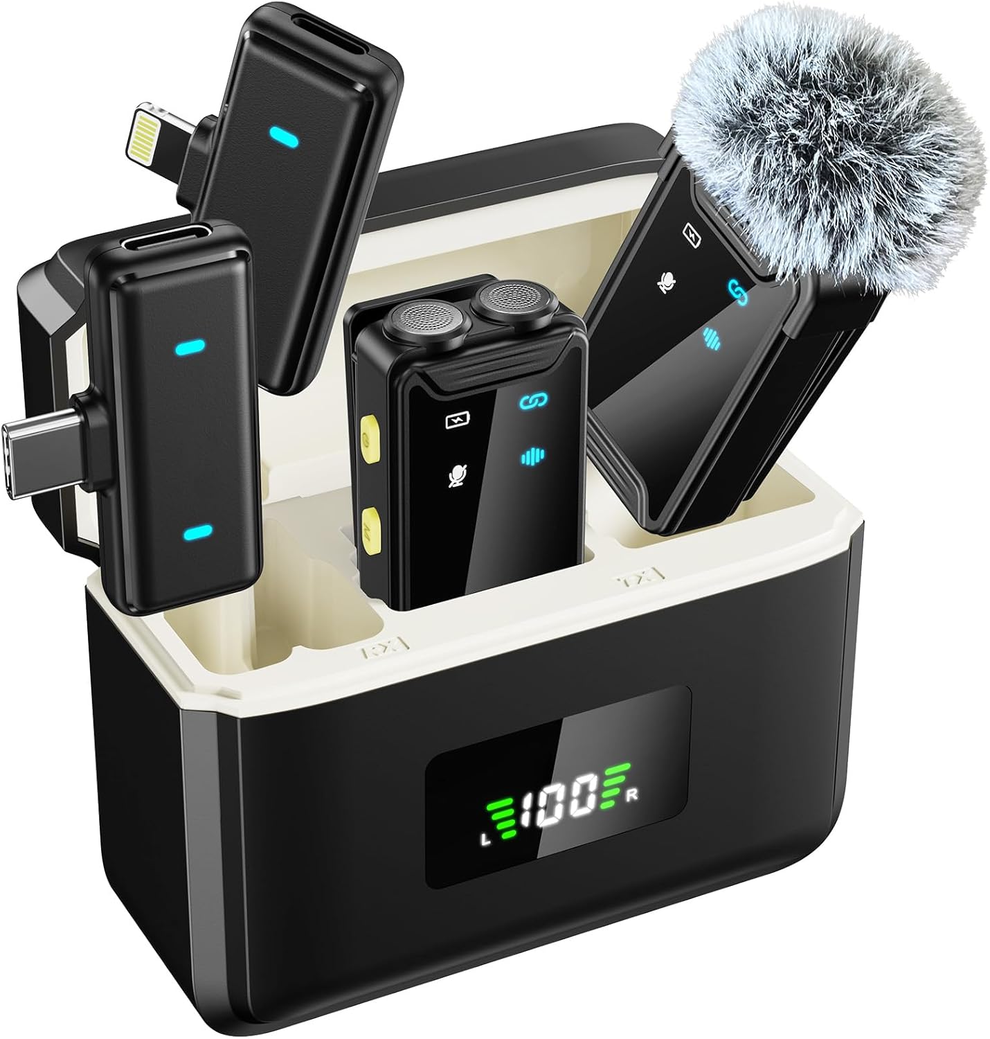 Mini Microphone for iPhone/Android(2TX+2RX+Charging Case)with AI Noise Cancelling, Wireless Lavalier Mic with 48kHz/24-bit High Fidelity,48H,164FT