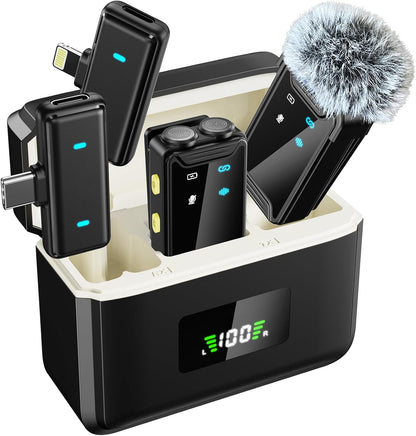 Mini Microphone for iPhone/Android(2TX+2RX+Charging Case)with AI Noise Cancelling, Wireless Lavalier Mic with 48kHz/24-bit High Fidelity,48H,164FT