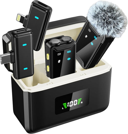 Mini Microphone for iPhone/Android(2TX+2RX+Charging Case)with AI Noise Cancelling, Wireless Lavalier Mic with 48kHz/24-bit High Fidelity,48H,164FT