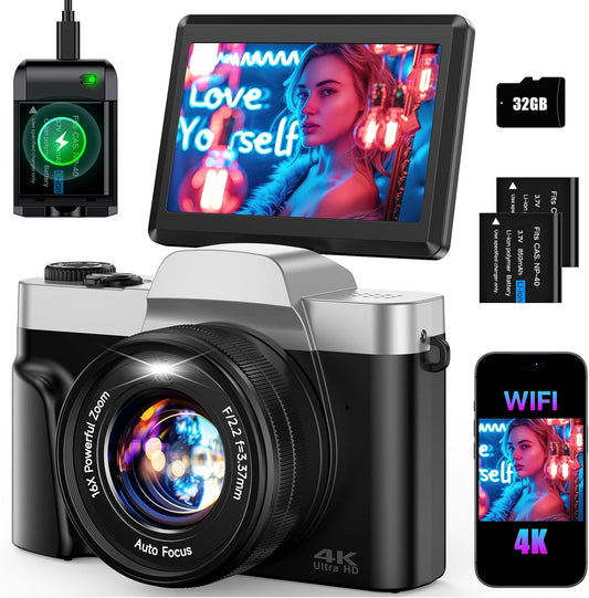 4K Digital Camera for Photography 64MP WiFi Vlogging Camera for YouTube Autofocus 3" 180° Flip Screen 16X Zoom Compact Travel Cameras with Anti-Shake, SD Card, 2 Batteries & Battery Charger