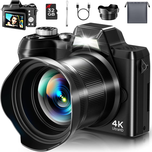 4K Digital Camera for Photography, Autofocus 56MP Vlogging Camera for YouTube/Content Creators/Travel, 16X Zoom Video Camera with 3" 180°Flip Screen & Lens Hood, Gift Ideas for Teens & Beginners