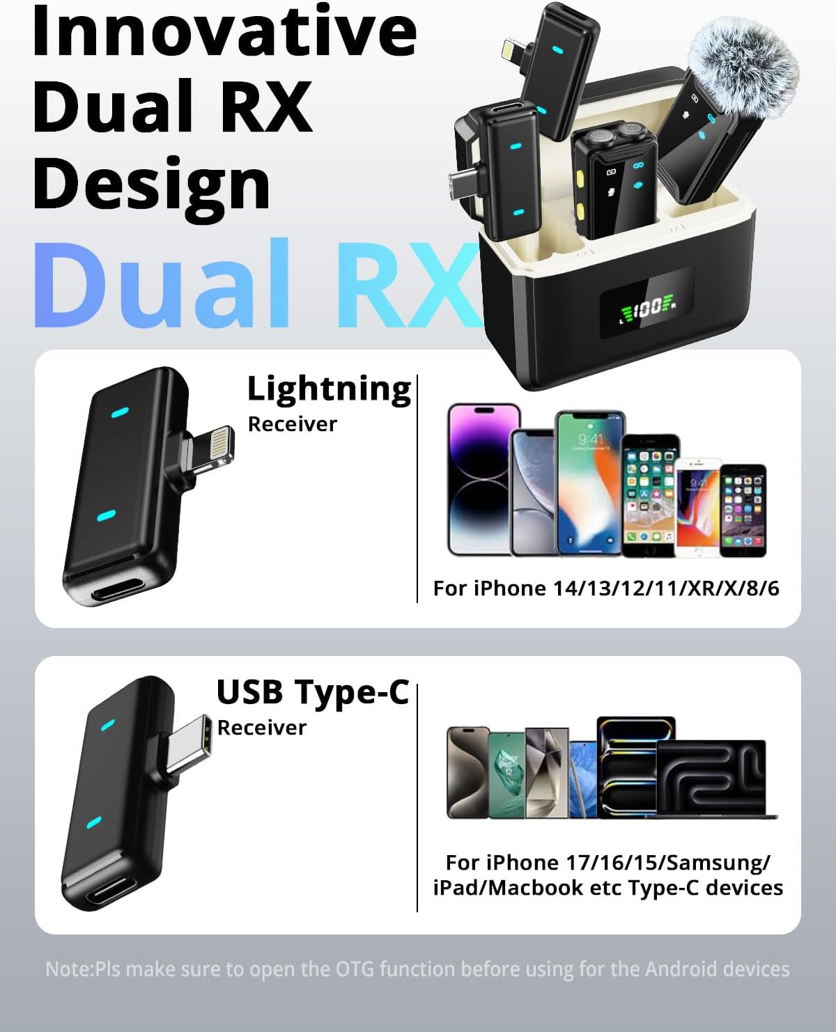 Mini Microphone for iPhone/Android(2TX+2RX+Charging Case)with AI Noise Cancelling, Wireless Lavalier Mic with 48kHz/24-bit High Fidelity,48H,164FT