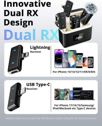 Mini Microphone for iPhone/Android(2TX+2RX+Charging Case)with AI Noise Cancelling, Wireless Lavalier Mic with 48kHz/24-bit High Fidelity,48H,164FT