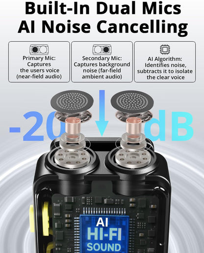 Mini Microphone for iPhone/Android(2TX+2RX+Charging Case)with AI Noise Cancelling, Wireless Lavalier Mic with 48kHz/24-bit High Fidelity,48H,164FT