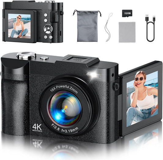 4K Digital Camera for Photography, 50MP Vlogging Camera for YouTube, Compact Cameras with 2.8" 180° Flip Screen, 16X Digital Zoom, Point and Shoot Camera with 32GB SD for Beginners, Travel, Family
